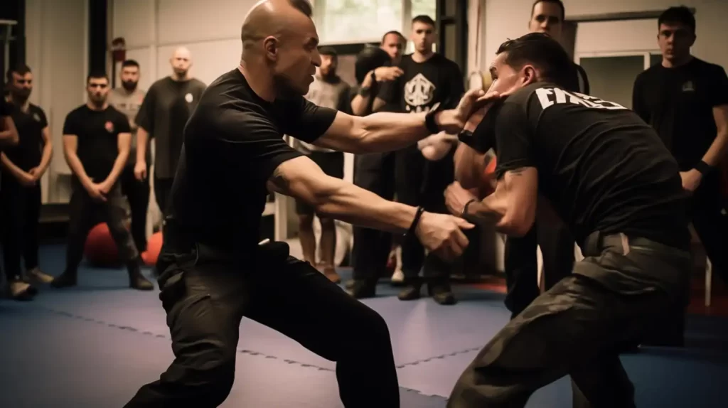 Instructor demostrando técnica de Krav Maga a grupo de alumnos en gimnasio JaleaFit San Felipe